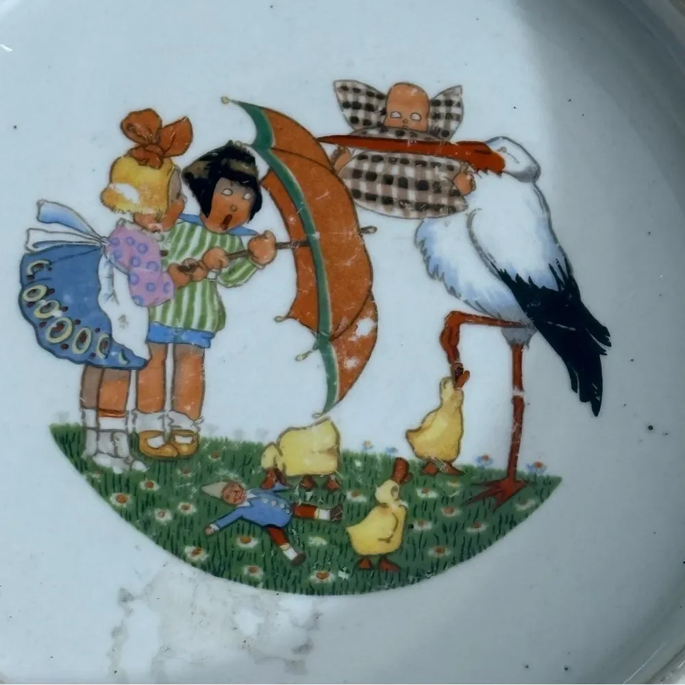 Vintage Ceramic Baby Bowl‎ with Adorable Stork Scene